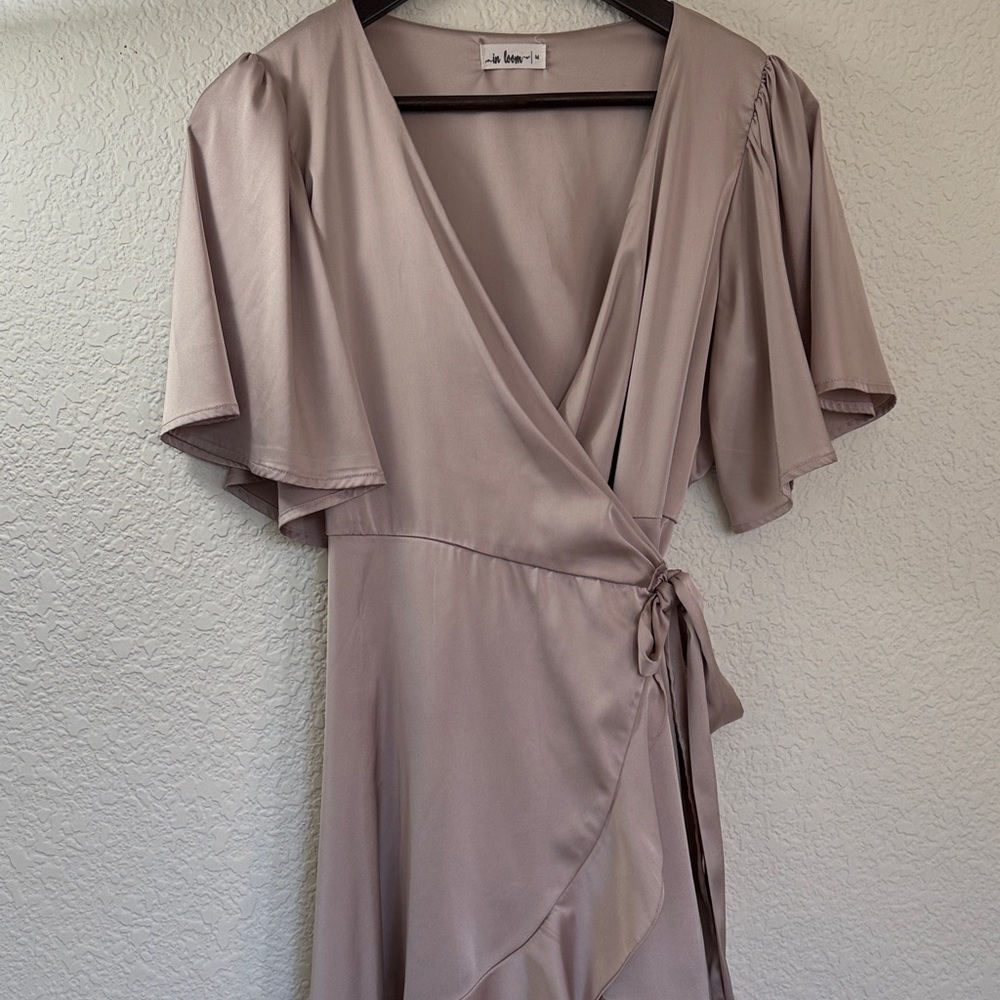 Satin‎ Wrap Dress in Champagne With Ruffled Asymmetric Hem - Picture 12 of 16